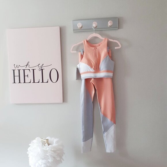 NWT Lazypants coral pink peach, grey & white sports bra top & leggings bundle - Picture 12 of 13